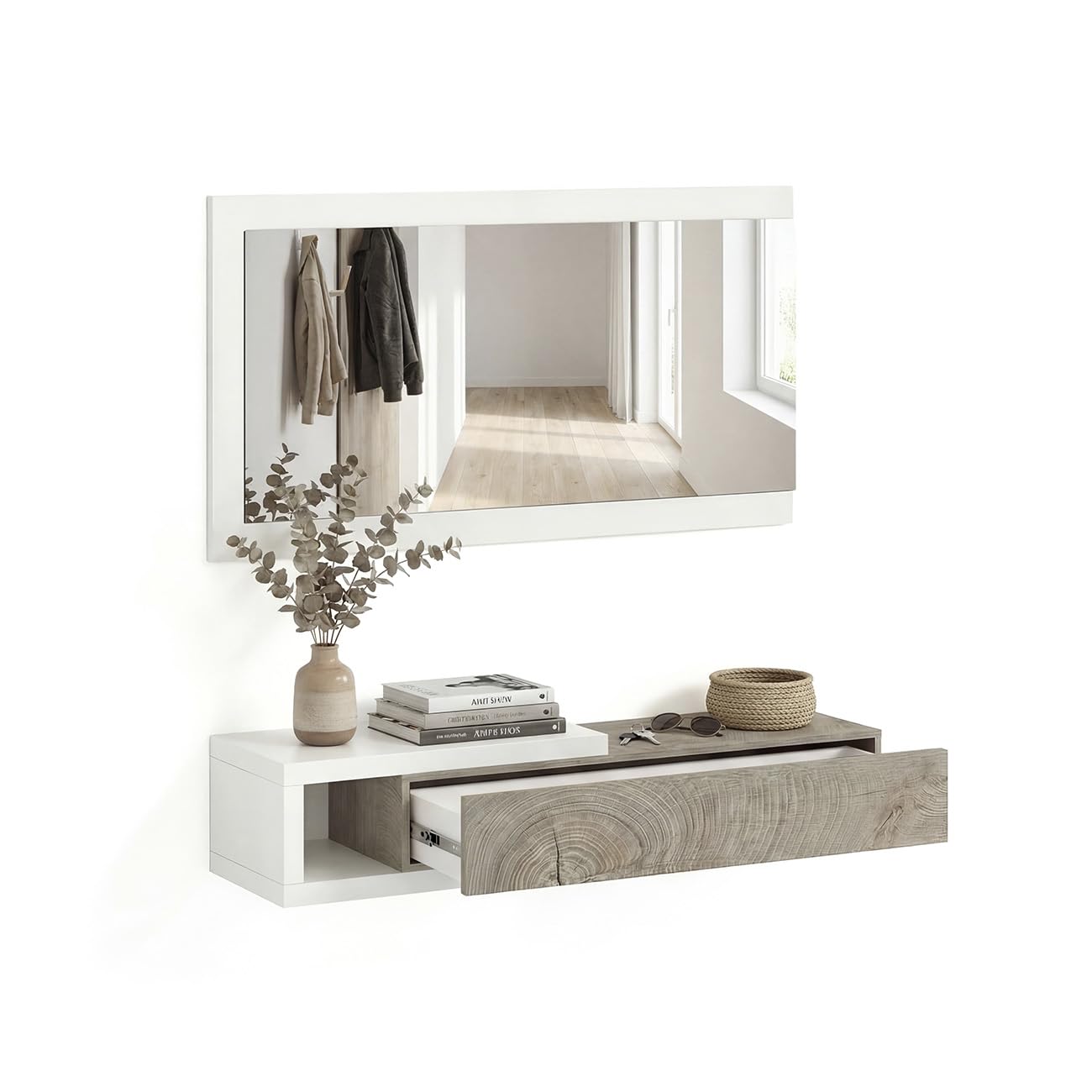 duehome | Recibidor con Cajon y Espejo, Mueble de Entrada, Modelo Derek, Acabado en Blanco Artik y Roble Alaska, Medidas: 95 cm (Ancho) x 19 cm (Alto) x 25,2 cm (Fondo)