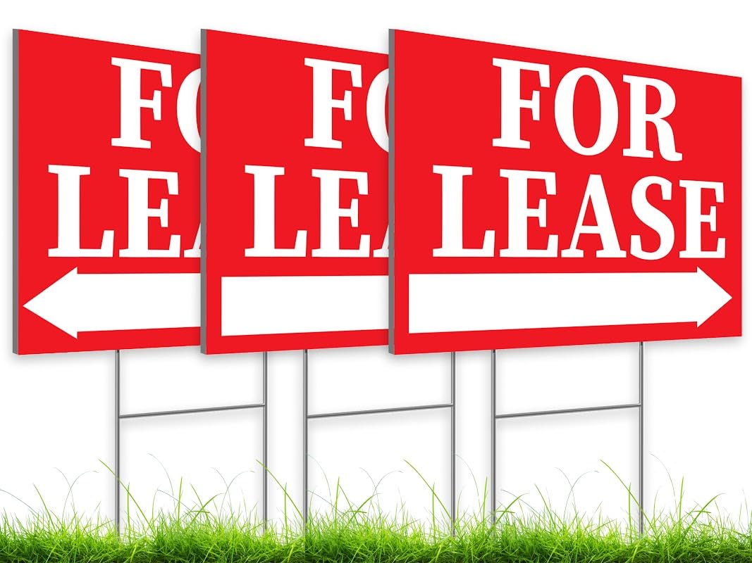 Pack of 3 Double sided Corrugated Plastic Red White for Lease Sign with H Stake 12" x 8" inch - Tall Stands for Outdoor House Business Supplies - Home