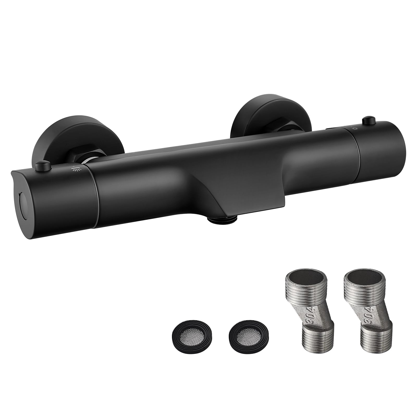 Grifo Ducha Termostático en Cascada Negro, Grifo Termostatico Bañera con el Botón de Seguridad 38 ℃, Grifo Termostático para Bañera y Ducha de Latón con 2 Salidas de Agua, Montaje en Pared
