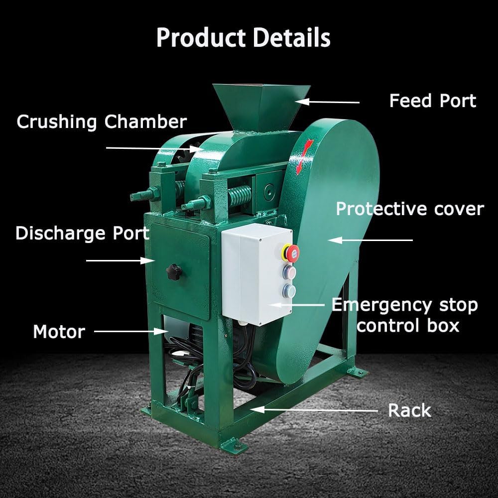 Rock Stone Crushing Machine Double Roller Crusher Electric Shatter Pulverizer for Ore Slag Coal 860KG/H 220V 1.5KW