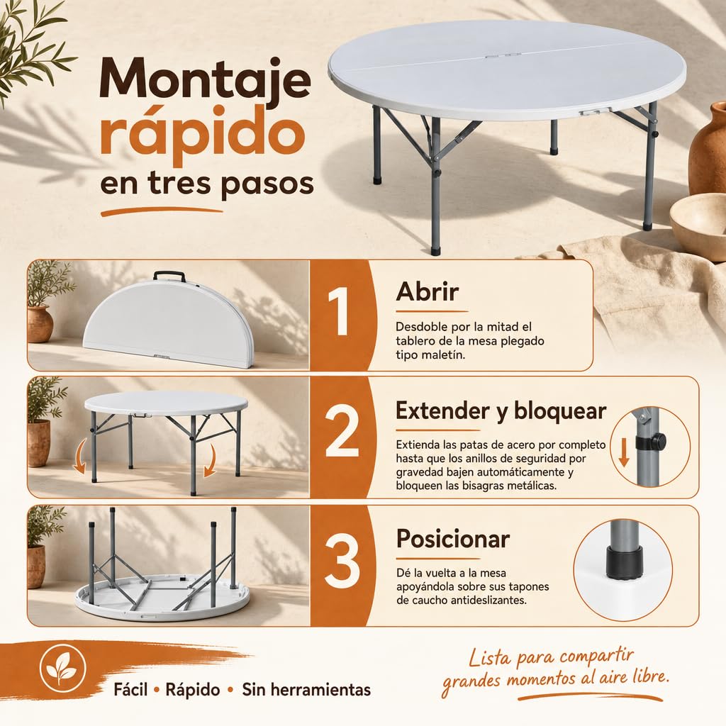Mesa Redonda Plegable portátil para Eventos, reuniones Familiares y Catering en Interiores o Exteriores.