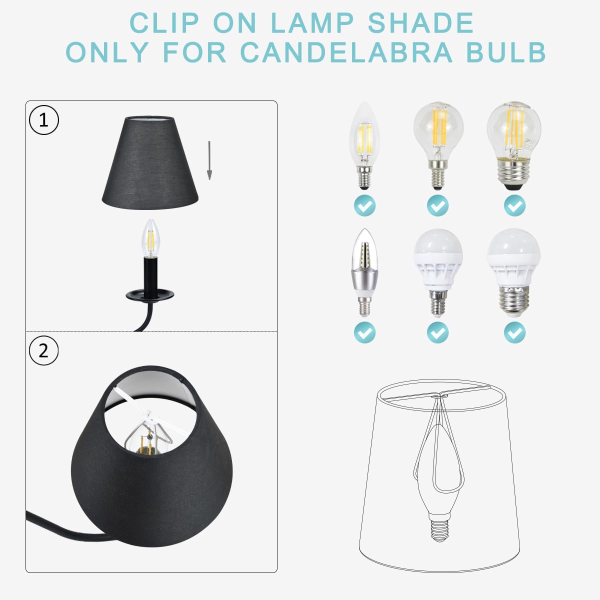 Lampwell Gero Black Clip-on Chandelier Lamp Shades Set of 6, 6" x 3" x H5", Mini Fabric Barrel Shades, For Candle Bulb and Small General Bulb