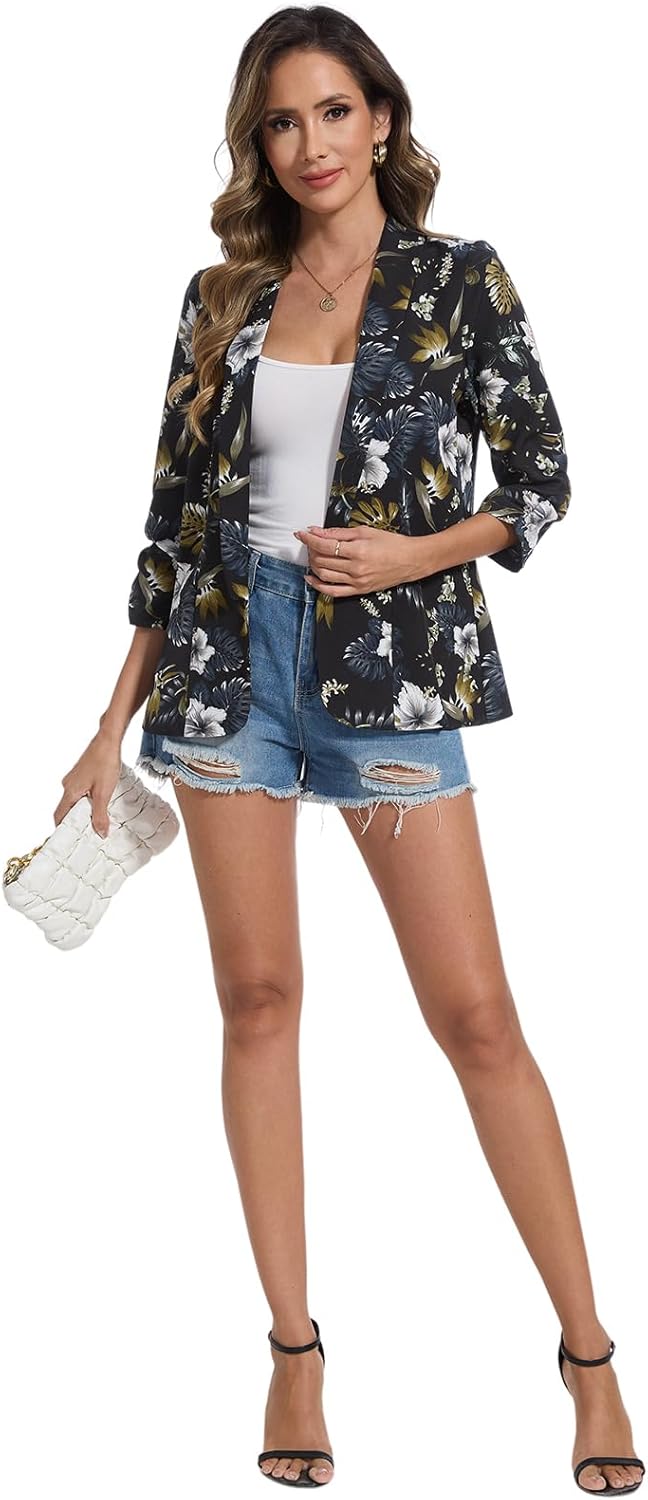 MINTLIMIT Womens Casual Blazers Shawl Collar Ruched 3/4 Sleeve Chiffon Blazer V Neck Work Office Suit Jacket(Floral Black, 2XL) - Image 5