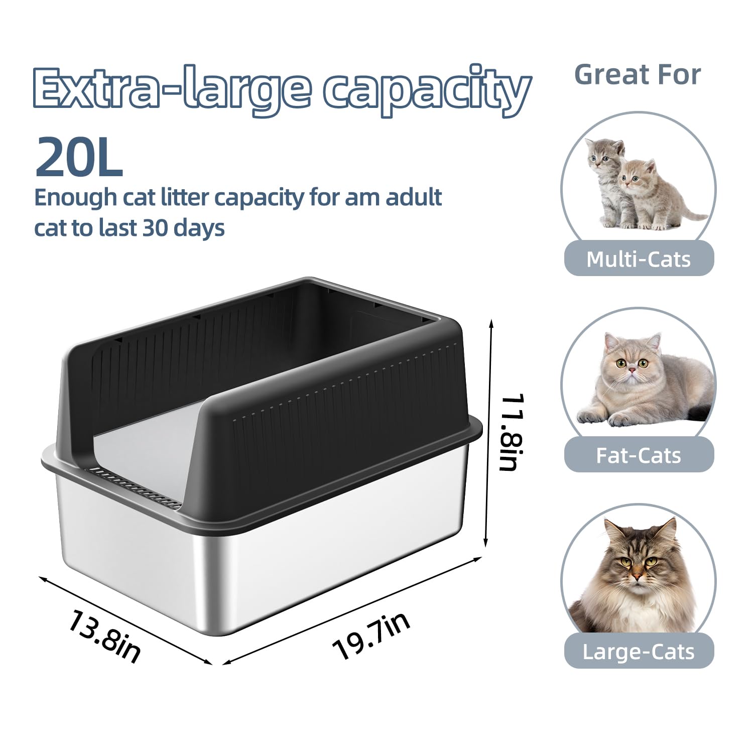 Stainless Steel Cat Litter Box with Lid,XL,19.7” L x 13.8” W x 11.8”H Deep,Large Metal Litter Box with High Side,for Small and Large Cats,Anti-Leakage Non-Sticky Easy Cleaning Include Litter Scoop