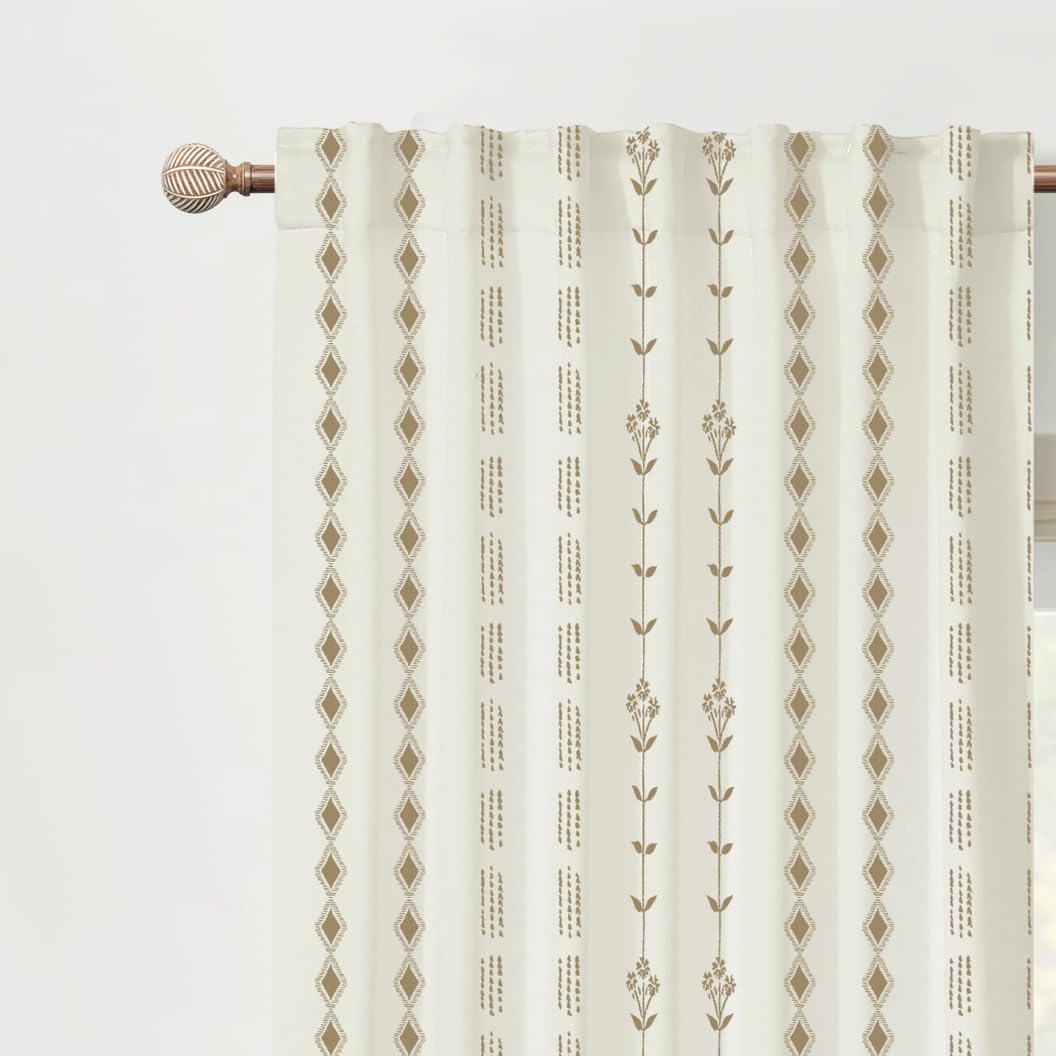 Bay Window Curtains 63 Inch Length,Boho Chocolate Brown and Cream Sun Blocking Curtains for Bedroom Living Room 2 Panels Set