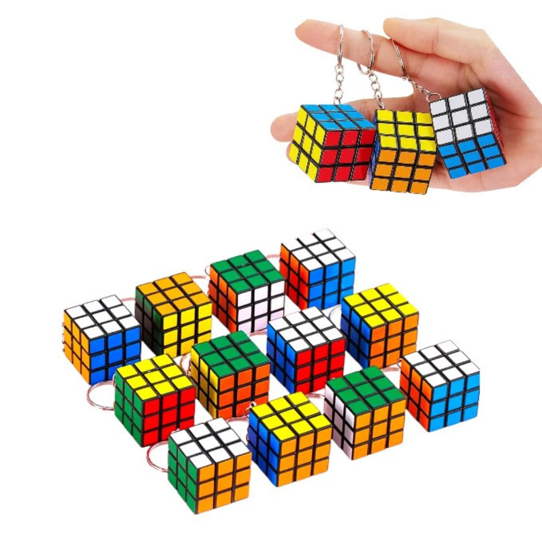 (Pack Of 12) Rubix Cube Keychain Pack | 3x3 Magic Cube Keyring Puzzle Toy | Cartoon Keychains For Kids | Birthday Return Gifts, Party Favor Keychains Set | School Gifts For Boys Novelty Key Rings-picture-10