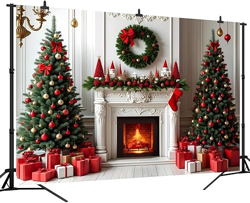 Miniatura 7 de CapiSco Telón de fondo de chimenea de Navidad de 7 x 5 pies, calcetines de árboles de Navidad, cajas de regalo, fondo de fotografía para Navidad,
