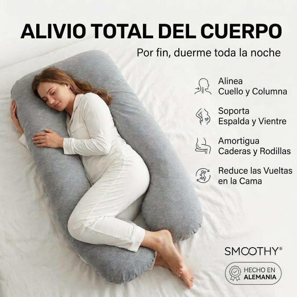 SMOOTHY® Almohada Embarazo en U 120x70 cm - Funda Algodón Lavable | Relleno de fibra de silicona que recupera su forma - sin cremallera que se rompa - ideal para dormir de lado y lactar