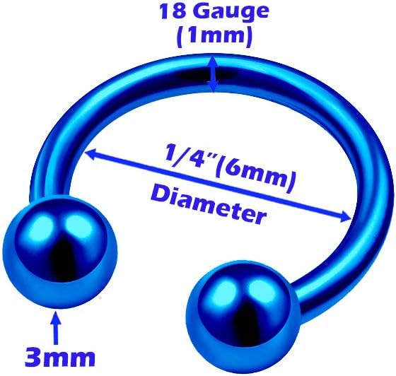 3Pcs Blue Anodized 1/4 6mm 18g spiked horseshoe barbell Piercing Jewelry Cartilage Septum Nose Tragus Eyebrow 3mm Ball M4536