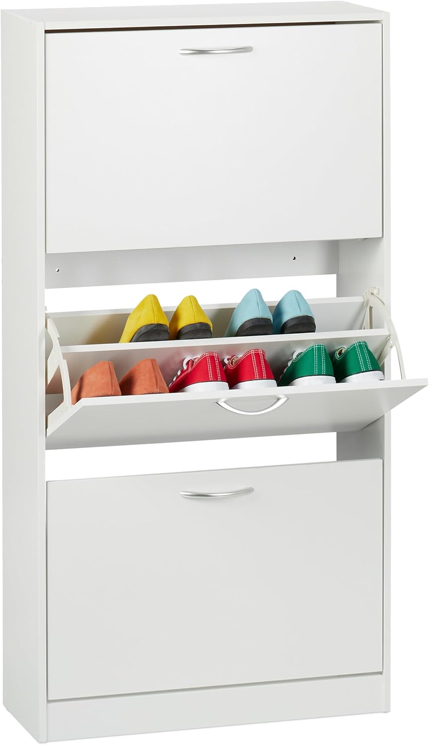 Relaxdays Shoe Cabinet, H x W x D: 116 x 60 x 24 cm, for 18 Pairs, 3 Flaps, Narrow Shoe Cabinet, Hallway Shoe Cabinet, White
