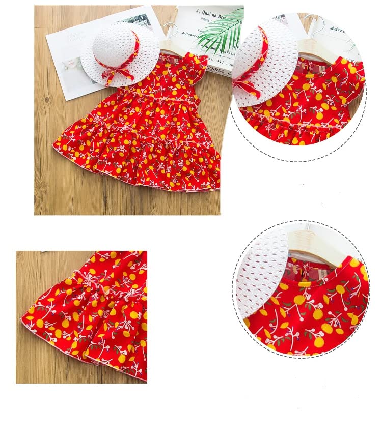 Image of Bold N Elegant Toddler Girls Summer Dress with Crochet Hat Set, Sleeveless Floral /Strawberry Print Tiered Sundress, Casual Beach Party Outfit for Baby Girls 1-6 Years
