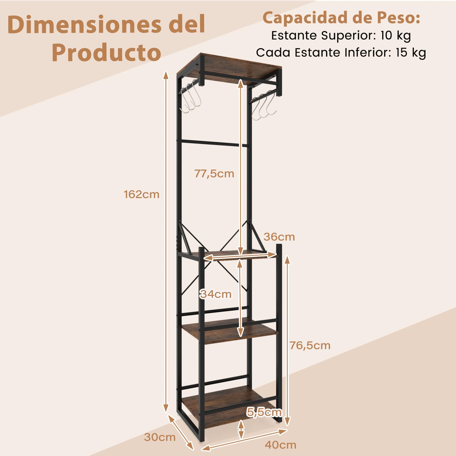 COSTWAY Perchero Burro Ropa, Perchero de Pie, 4 Estantes de Almacenamiento, 6 Ganchos y 3 Barras para Colgar, Colgador Ropa Entrada Pasillo Dormitorio, 40 x 30 x 162 cm, Industrial
