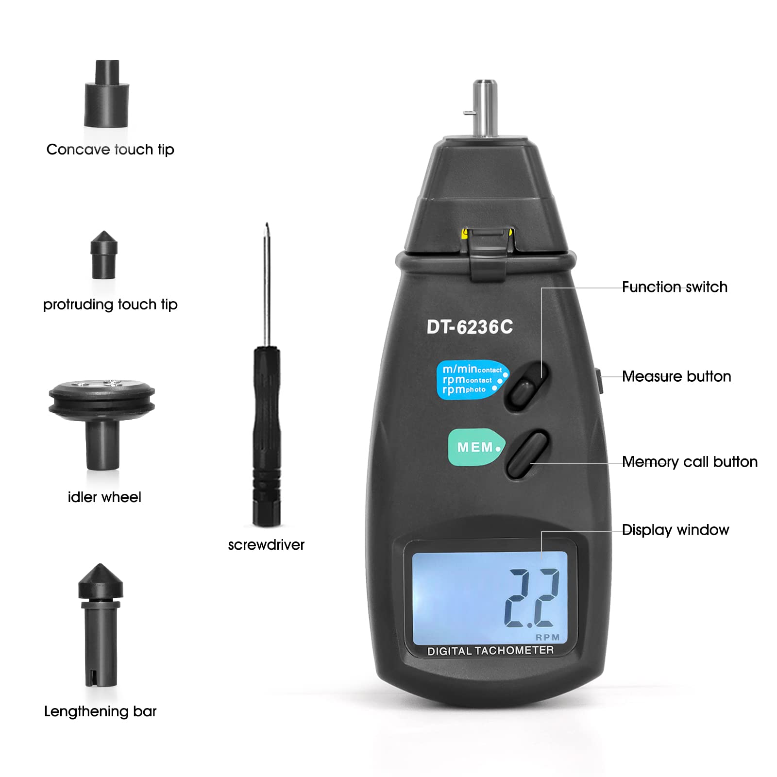 Tachimetro digitale tachimetro fotografico laser, tachimetro a contatto GR-6236C con funzioni di blocco dati Max/Min/AVG Misuratore velocità di rotazione fotografico con nastro riflettente