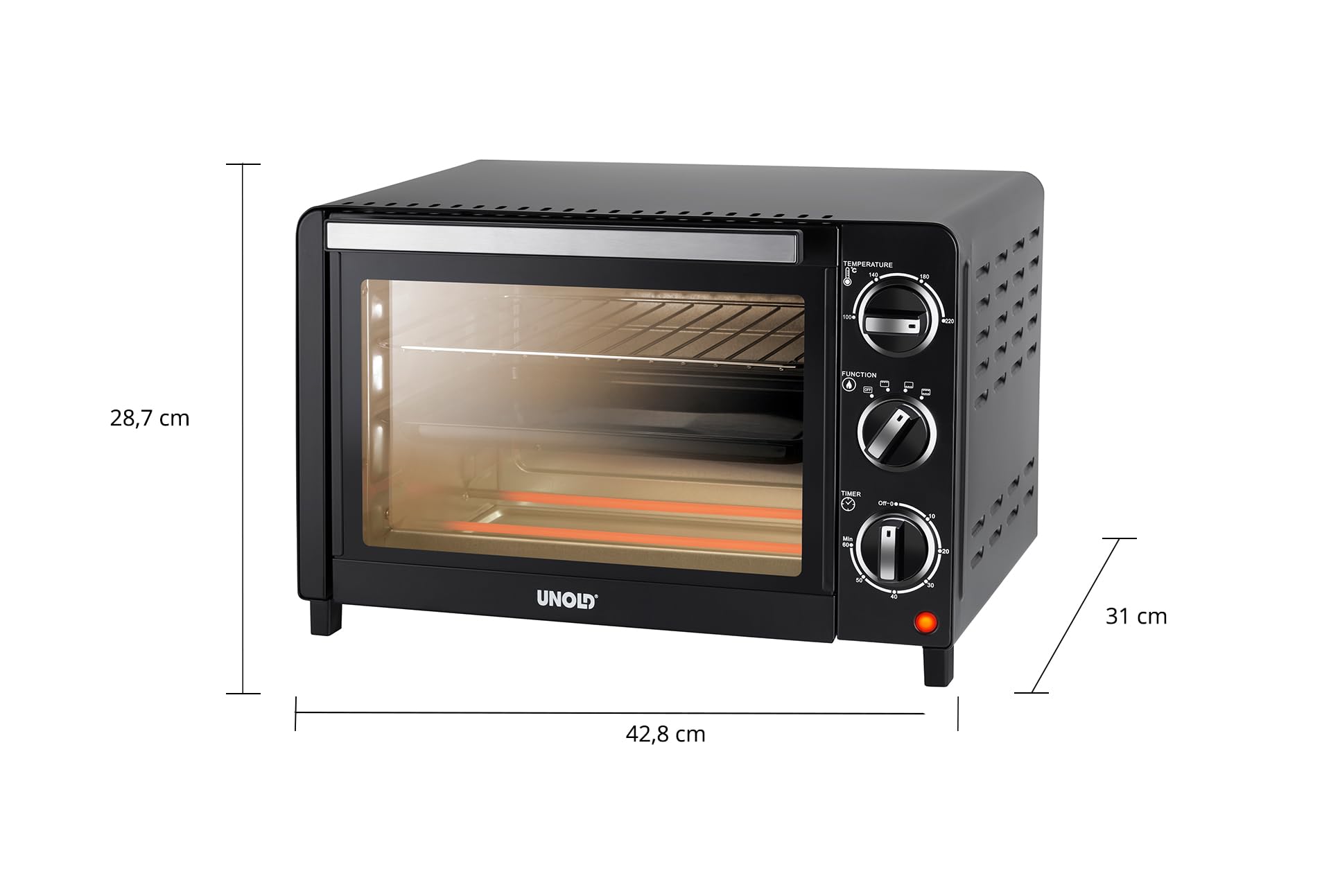 UNOLD 68875 Ofen Allround - Schwarz, 1.200 W, 18 L, 4 Edelstahl-Heizelemente, mit doppelverglaster Tür, Metall, 100 °C bis 220 °C, Ober-/Unterhitze