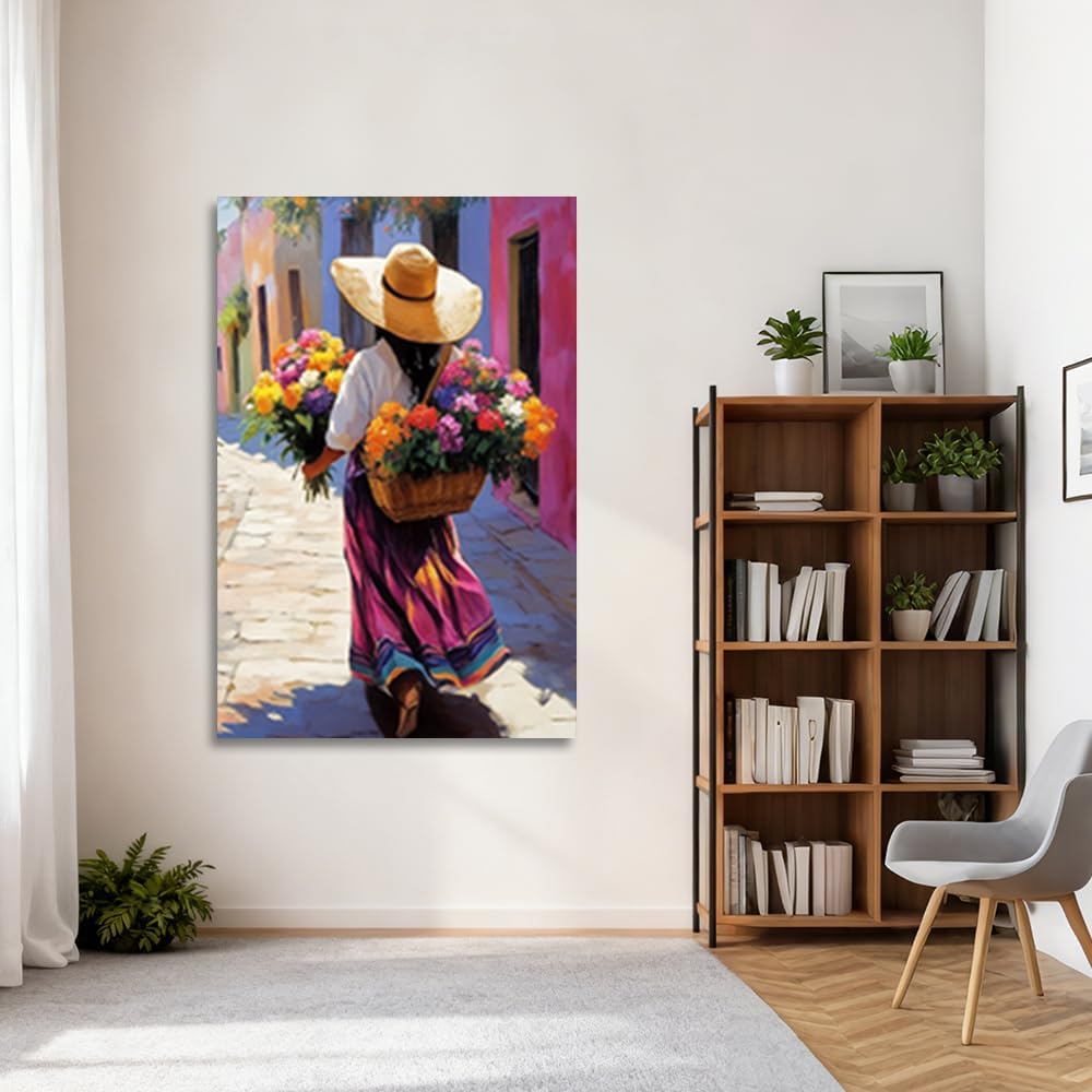 CGXLB Mexican Woman Wall Art Mexican Folk Art Print Latino Art Picture Colorful Flower Decor for Bedroom Living Room 12"x18"