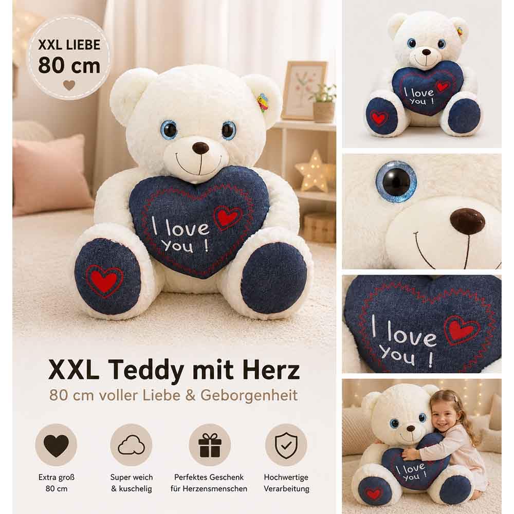 BEMIRO Teddybär mit Jeansherz XXL, ca. 80 cm, Weiß, Plüschtier | Glitzernde Kunststoffaugen, Gesticktes I Love You, Weiches Plüschmaterial, Rote Herzdetails, Ab 0 Jahren geeignet