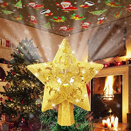 Christmas Tree Topper, Goreit Lighted Christmas Tree Star Toppers with LED Rotating Projector Lights, 9.45”Gold Glittered Christmas Topper, Christmas Decorations for New Year Party Holiday