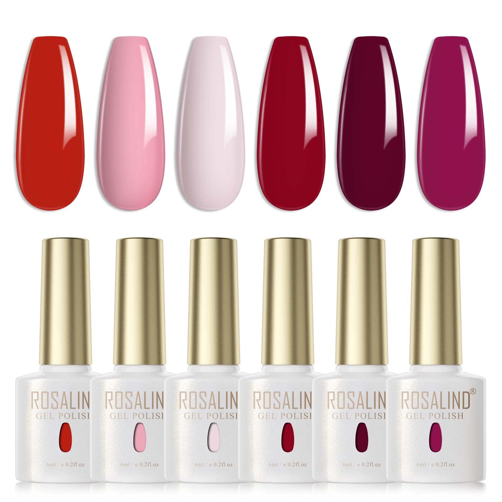 ROSALIND Esmaltes Semipermanentes Rojo Rosa Rosa Claro Morado Oscuro 6 Colores Kit Pintauñas Semipermanentes Uñas de Gel UV LED Esmaltes en Gel Nail Polish Esmalte Uñas Valentín
