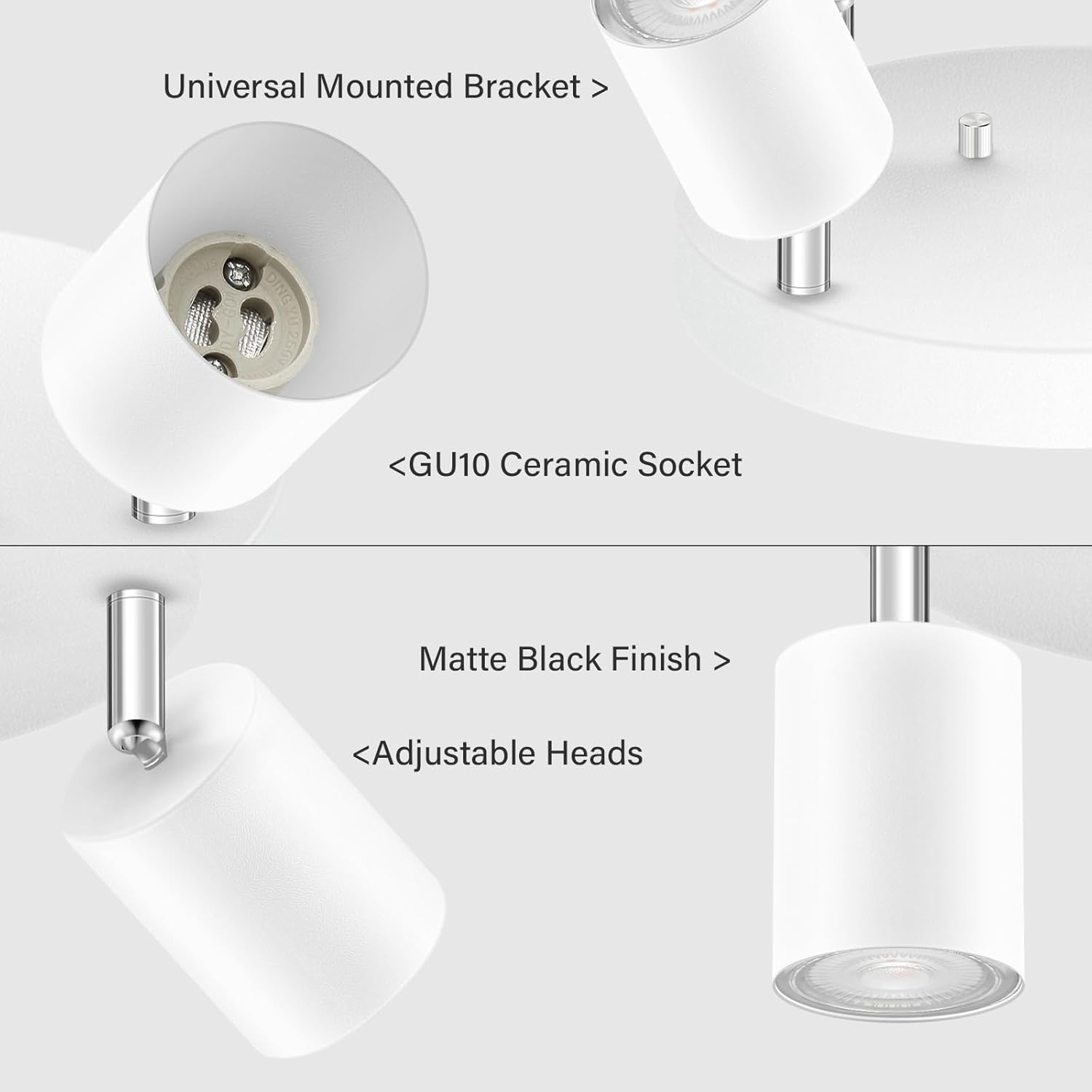BoostArea LED 4 Light Track Lighting Kit, LED Track Lighting Fixtures, White Round Ceiling Spot Lighting, Flexibly Rotatable Light Head for Kitchen, Living Room, Bedroom, GU10 Bulb Not Included