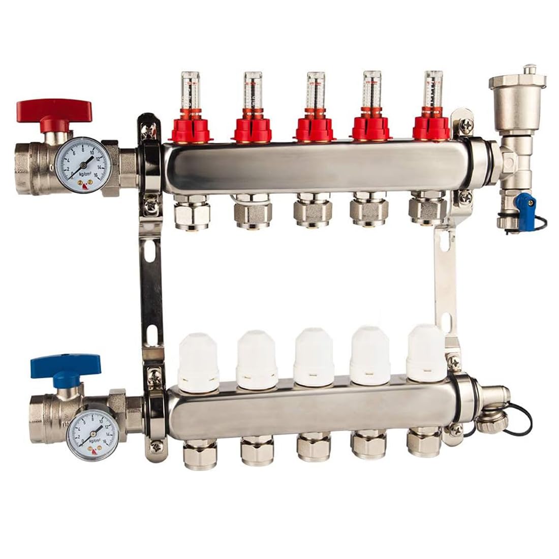 Collettore di riscaldamento a pavimento in acciaio inossidabile a 4 rami, 5 canali 1/2" PEX Ra-diant-Floor Heating Collettore Set valvola di temperatura diramazione con uscite compatibili, per risca
