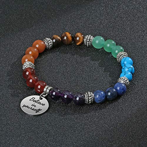 Jovivi 7 Chakra Bracelet Natural Gemstone Healing Crystals Stone Bracelet Believe In Yourself Inspirational Message Yoga Charm Stretch Bracelets #TOP1