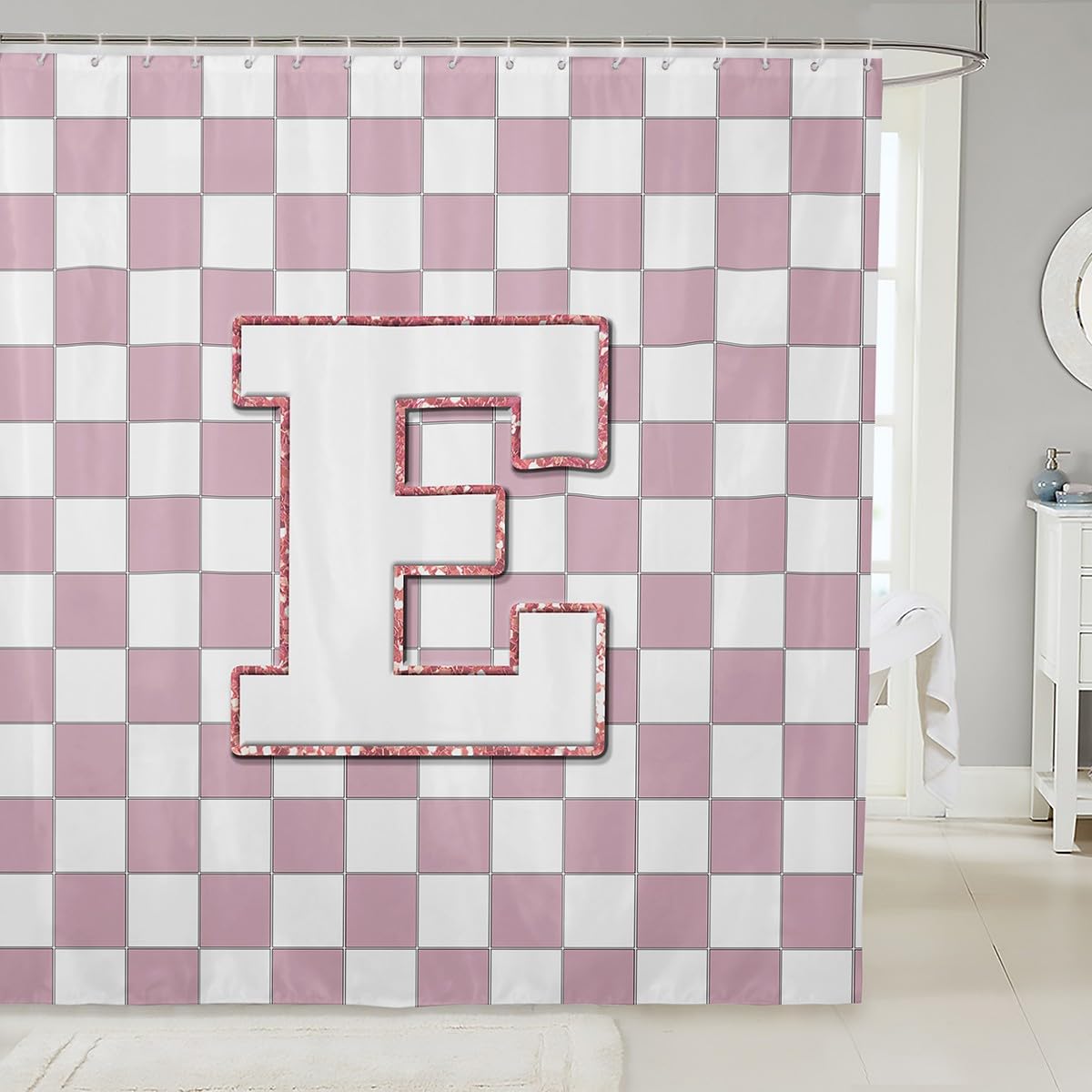 Erosebridal Pink Initial E Shower Curtain 72" Wx78 L Kawaii Plaid Checkered Bathroom Curtain Cute Personalized Monogram Bathroom Accessories for Kids Girls,Fashion Grids Gingham Shower Decor