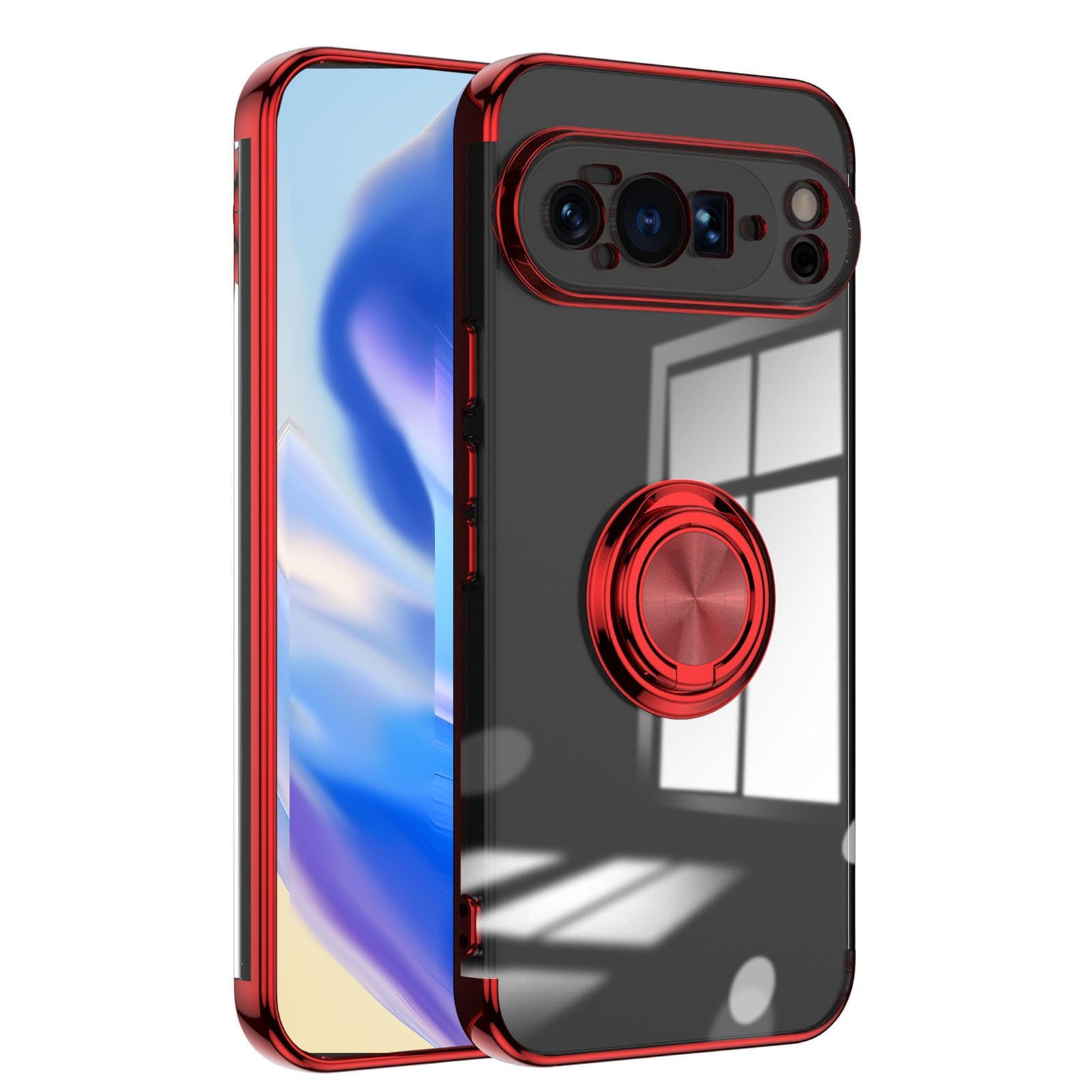 Schlanke Hülle Für Google Pixel 10/10 Pro/10 Pro XL, Magnetischer Ring, Stoßfeste Hülle, Galvanisierte, Vergilbungsfreie, Transparente PC-Schale,10,Red