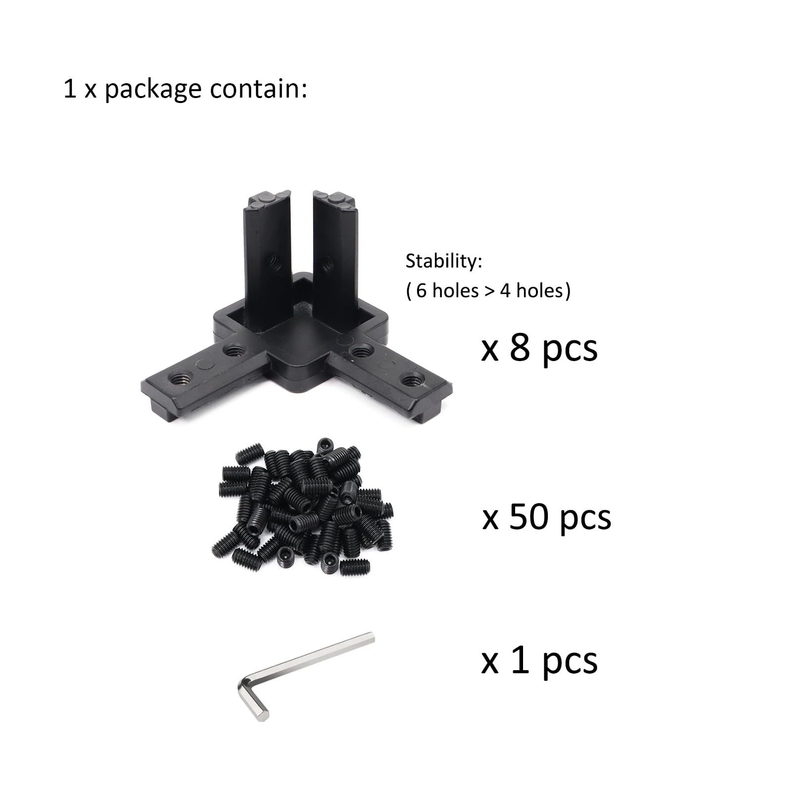 Aluminium-Extrusionsprofil, Tri-Halterung, 3-Wege-Endkappe, Ecke, rechtwinklig, 2,5 x 2,5 cm, Anschluss mit Schrauben für 1010 2525 Extrudiertes Aluminium, Esquina-Profil, 8 Stück