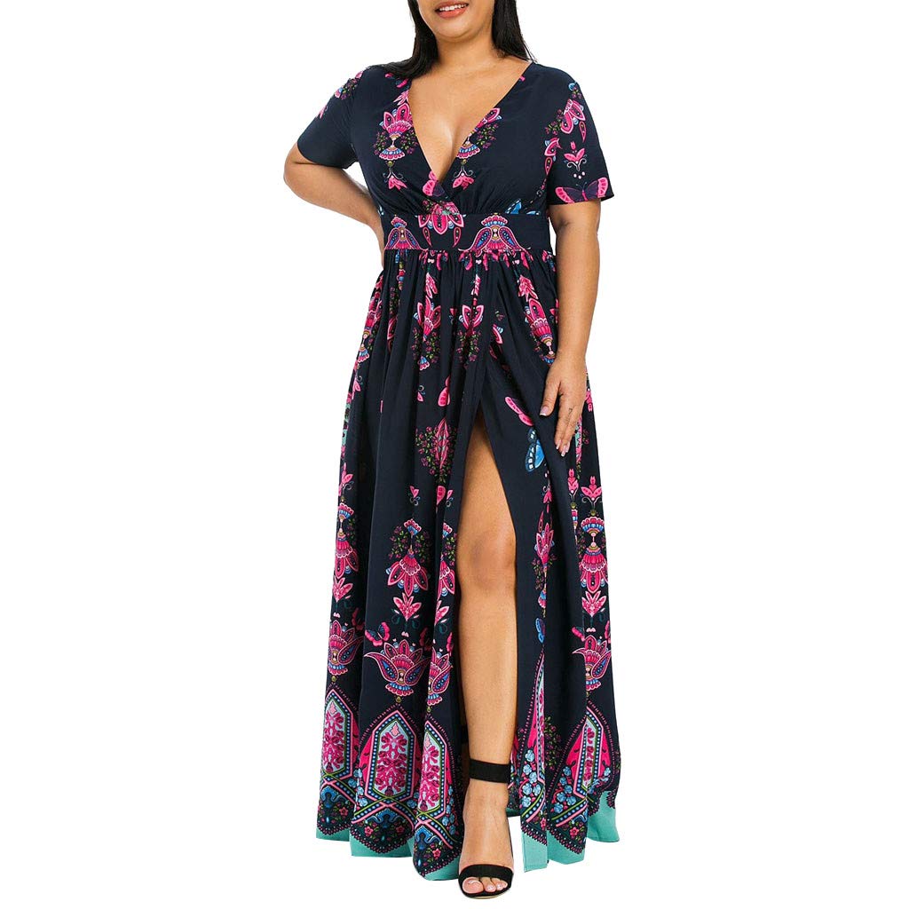 Casual Short Sleeve Cold Shoulder Boho Flower Print Long Shift Dress