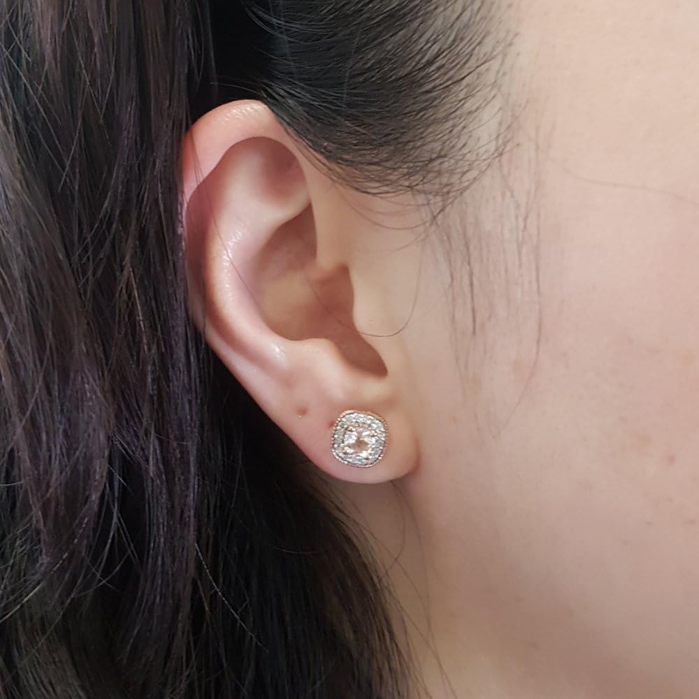 Dazzlingrock Collection Round Morganite & White Diamond Halo Stud Earrings for Women (White Diamond 0.24 ctw, Color I-J, Clarity I2-I3) in 925 Sterling Silver