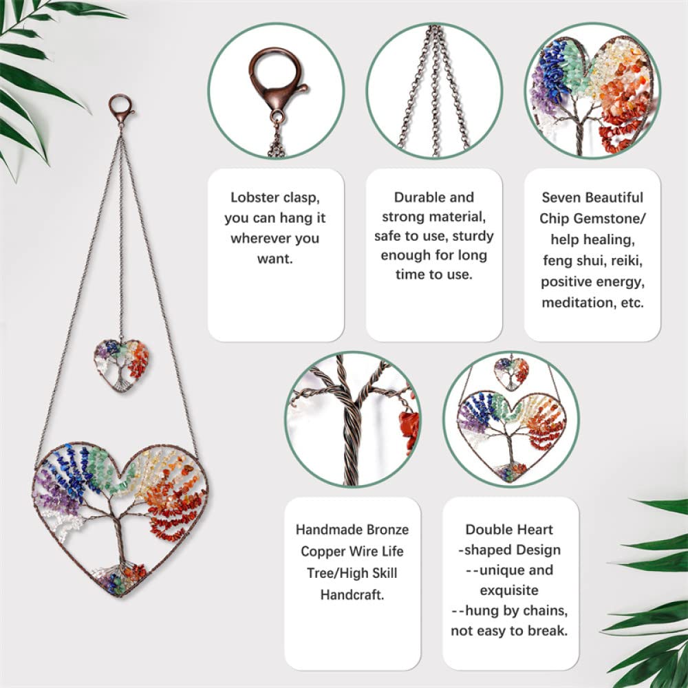 Adorno Colgante de árbol de la Vida con Doble corazón, Piedras Preciosas, meditación Espiritual, jardín, Boda, decoración del hogar, 7 Chakras