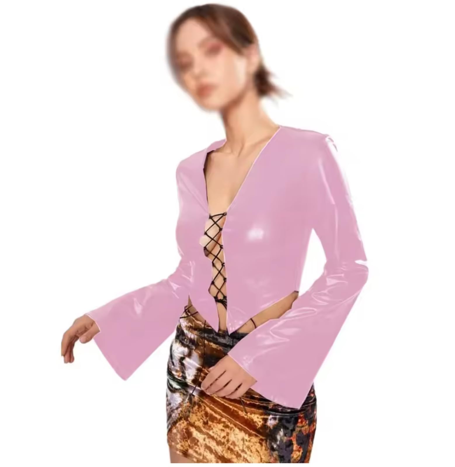 Grande Taille Hottie Lace-up Manches Longues Évasées Métallique Slim Fit Col en V Crop Tops Party Club T-Shirts Personnalisables