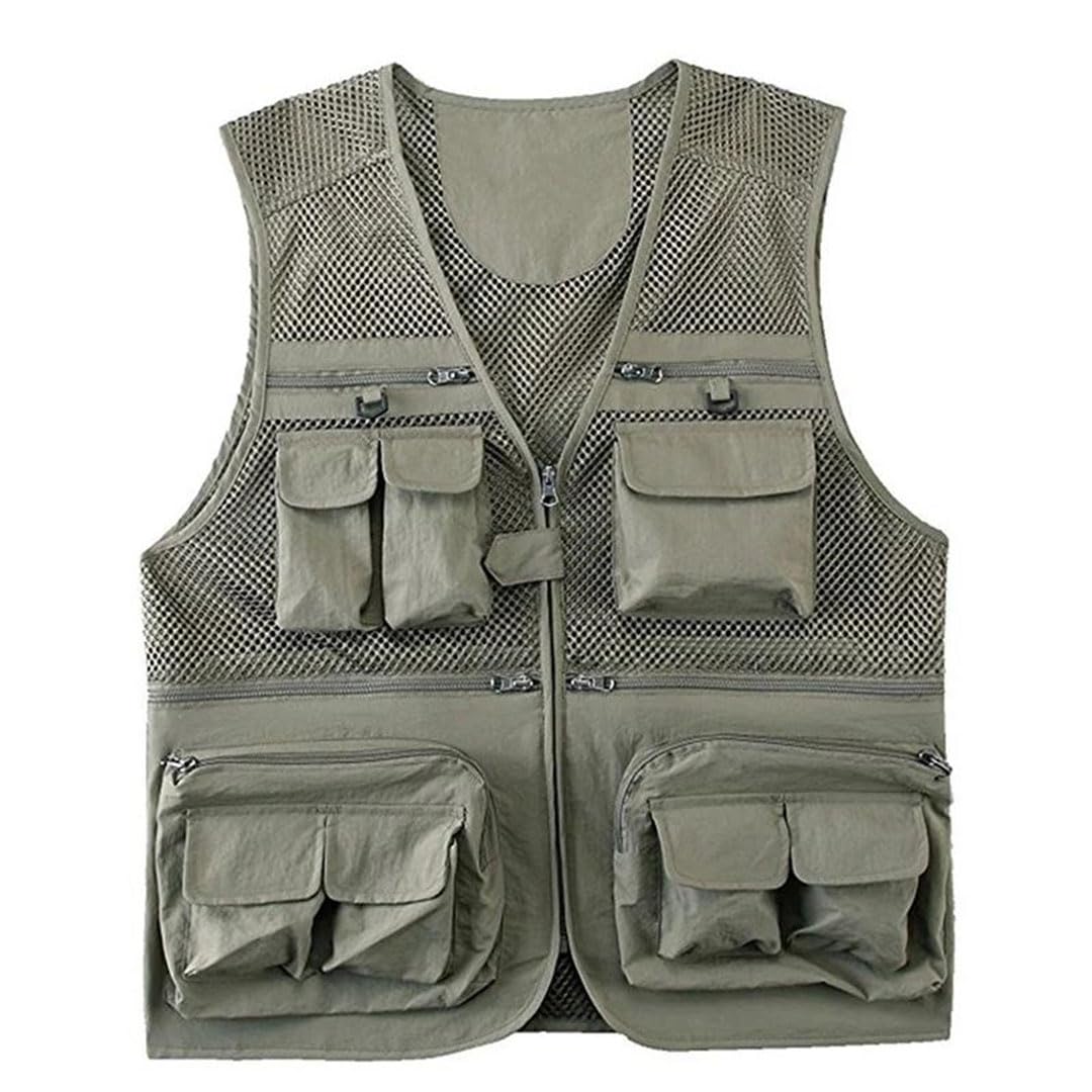 Chaleco táctico de pesca para hombre, con múltiples bolsillos, de malla, sin mangas