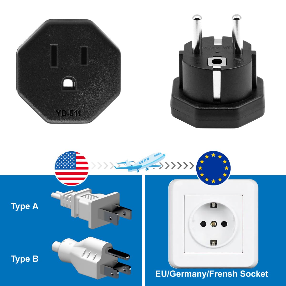 US/JP/CA Prise mâle vers EU/DE/FR/IT/ES Prise Femelle, US/CA/JP Prise mâle pour Appareil électronique Adaptateur Femelle EU à 2 Broches (1 pièce Noir)