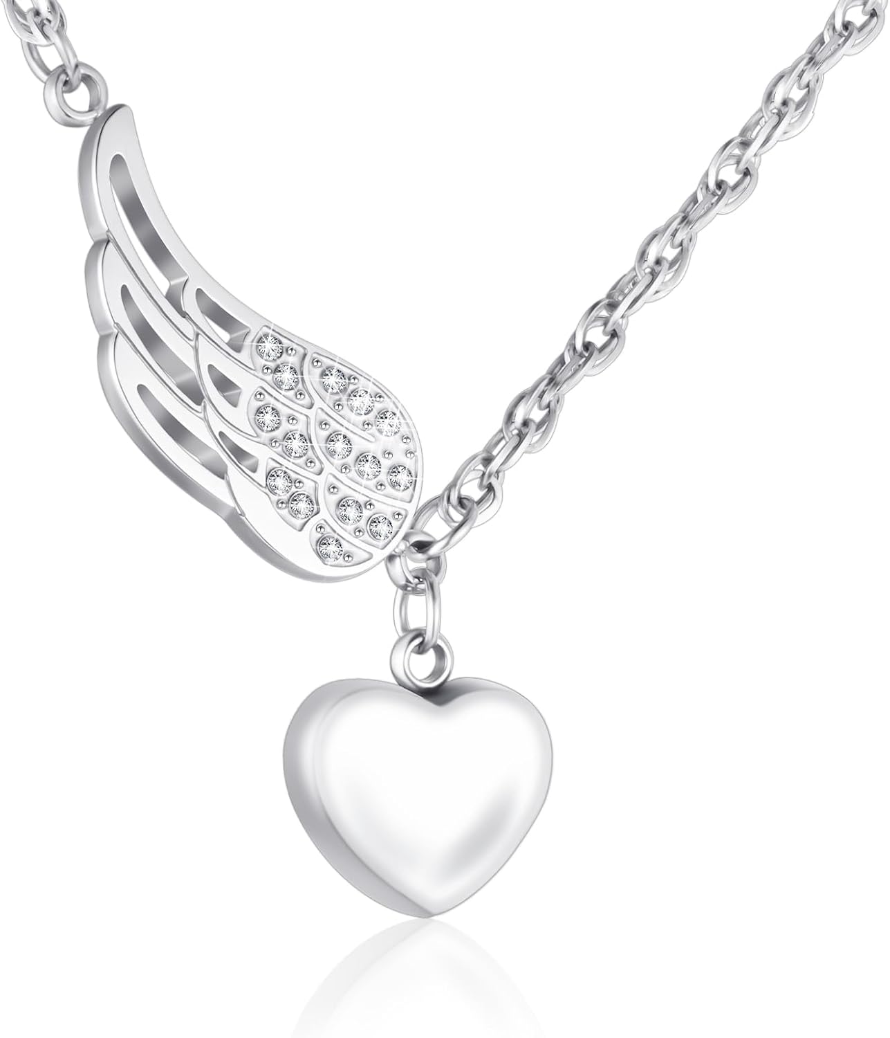 XIUDA Heart Urn Necklace for Ashes with Angel Wing Crystal Cremation Jewelry for Ashes Stainless Steel Memorial Ash Necklace for Women Ash Holder