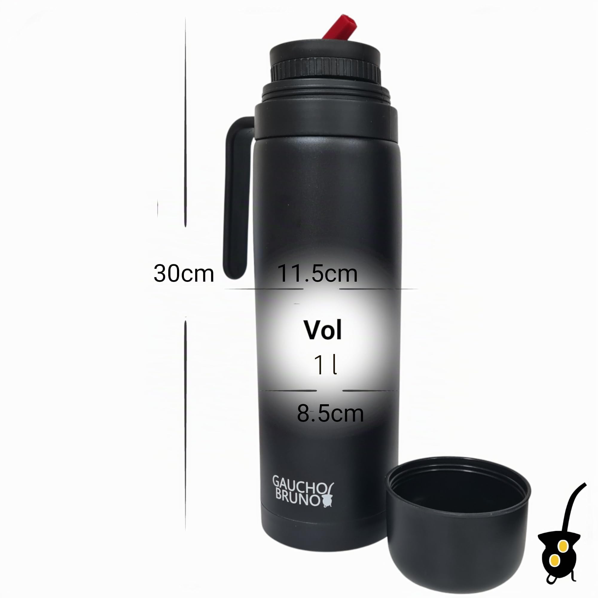 Gaucho Bruno Yerba Mate Flask – Contenitore termico con beccuccio di precisione, maniglia e coperchio a vite – Acciaio inossidabile rivestito Nero – 1L Personalizzabile