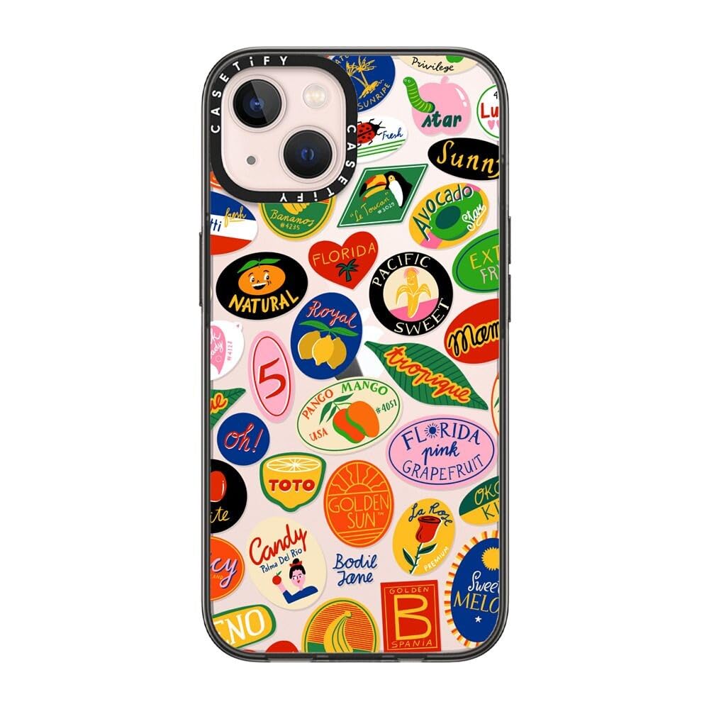 CASETiFY Compact iPhone 13 Case [4 ft. 2X Military Grade Drop Protection/Slim/Lightweight] - Fruit Stickers - Clear Black