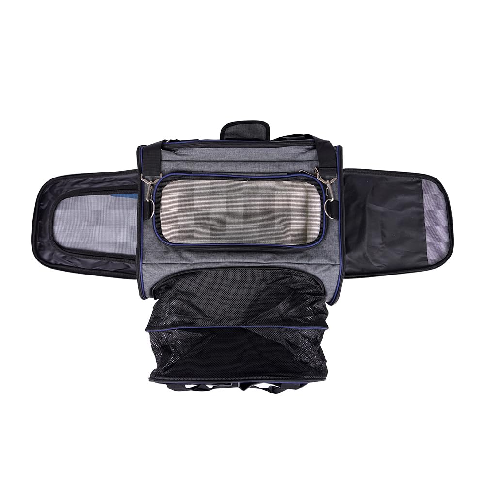 Transportín Perro y Gato Bolso Portaperro Transpirable para Mascota Transportadora de Viaje Ventilación Bolsillos Laterales Dos Puertas con Correa para Coche (Gris, 28x33x42cm)