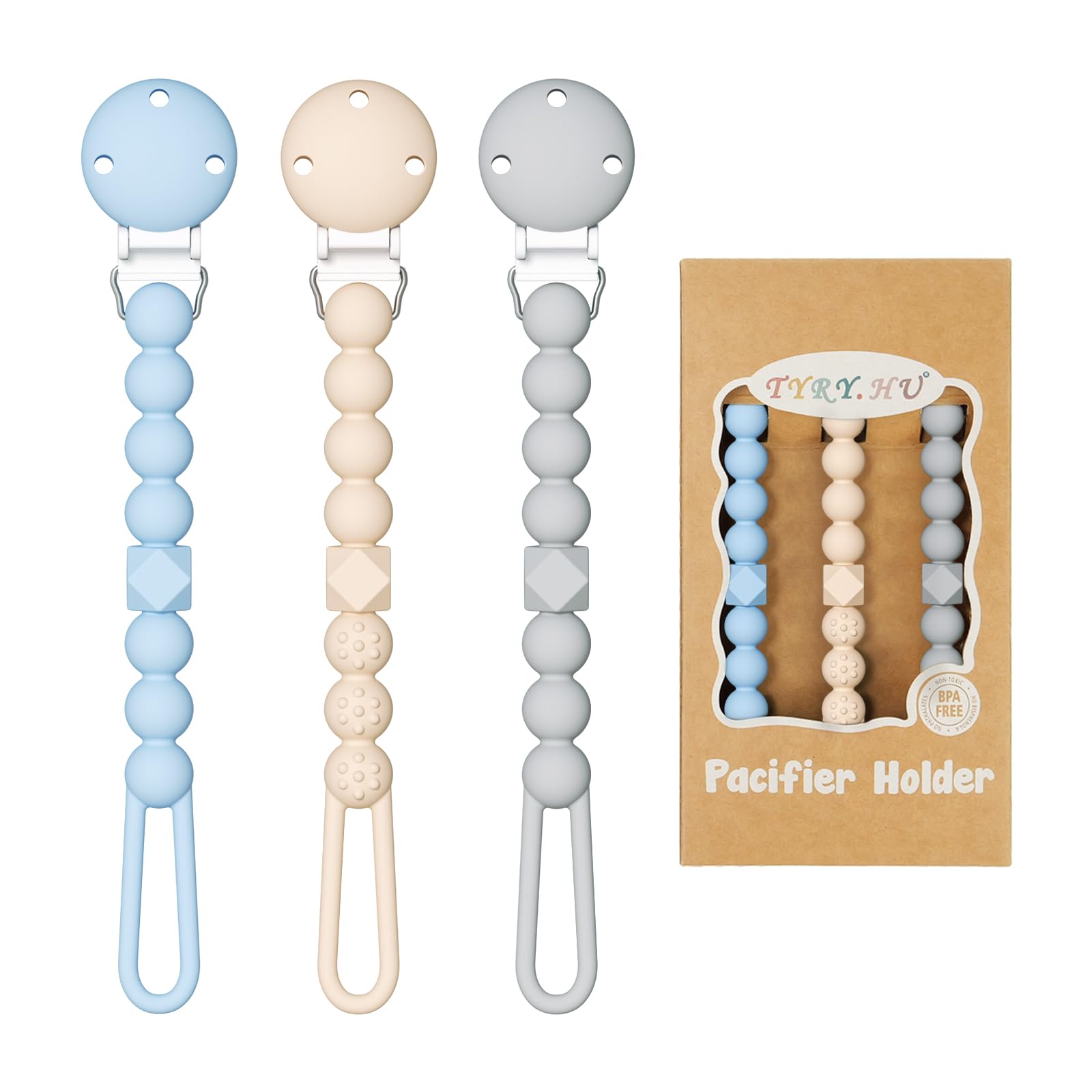 TYRY.HU 3 Pack Silicone Pacifier Holder Clip with One Piece Beads for Boys and Girls, Soft Flexible Pacifier Clip, Rust-Free Binky Clips with Texture,