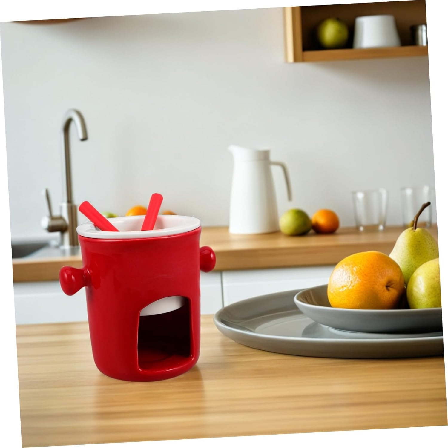 Ceramic Fondue Pot Set with Forks for Chocolate Melting and Ice Cream Dipping Elegant Heat-retentive Mug for Parties Birthdays Date Nights Unique Stylish Red Fondue Cup Collection