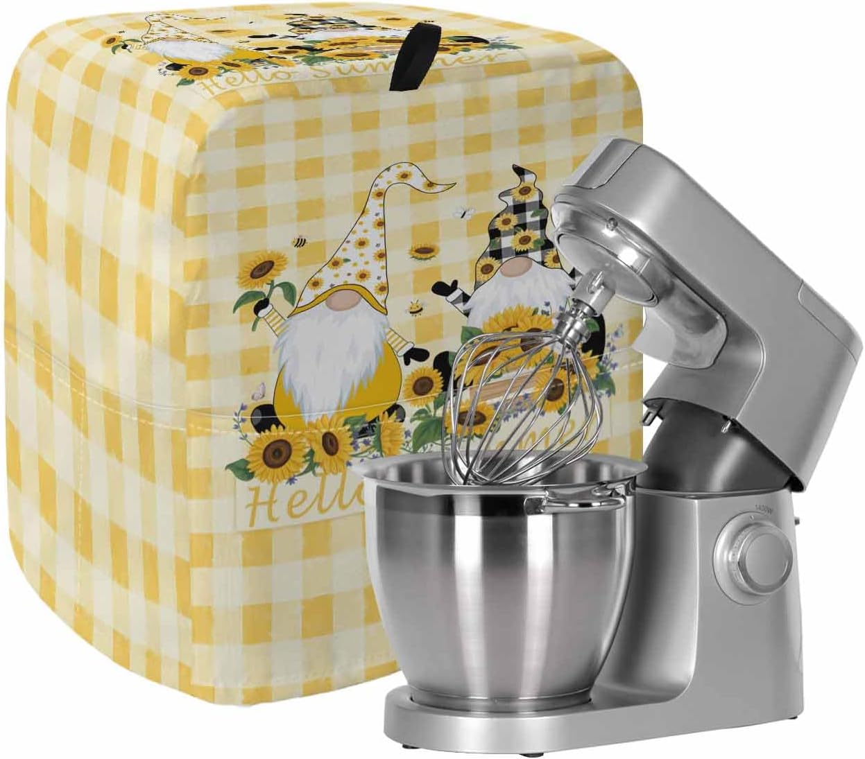 Gnomes Sunflowers Stand Mixer Cover with Storage Pocket, Waterproof Kitchen Mixer Covers, Pastoral Botanical Yellow Plaid Kitchen Appliance Dust Cover Compatible with 5-8 Quart Mixers