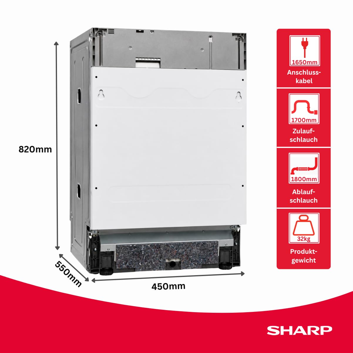 Sharp QW-NS1EI47EX-DE Geschirrspüler vollintegrierbar 45 cm 10 Maßgedecke E 47 dB Active Drying Hygiene 70°C Edelstahl