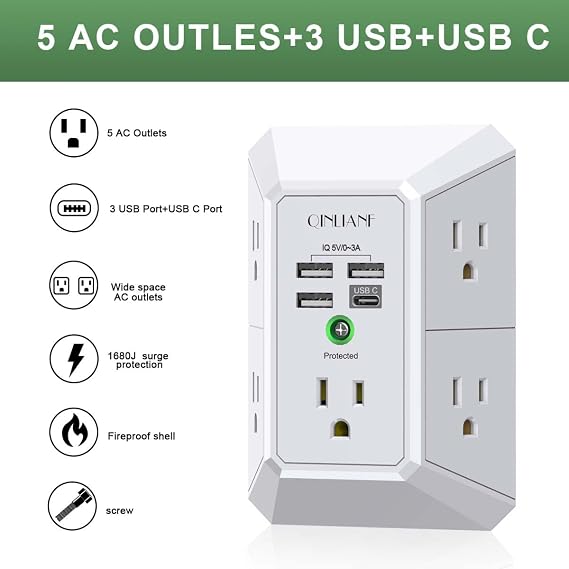 شاحن حائط، واقي من زيادة التيار، موسع Qinlianf 5 منافذ مع 4 منافذ شحن Usb، محول متعدد المقابس 1680j ثلاثي الجوانب متباعد لمكتب السفر المنزلي