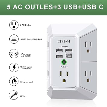 شاحن حائط، واقي من زيادة التيار، موسع Qinlianf 5 منافذ مع 4 منافذ شحن Usb، محول متعدد المقابس 1680j ثلاثي الجوانب متباعد لمكتب السفر المنزلي