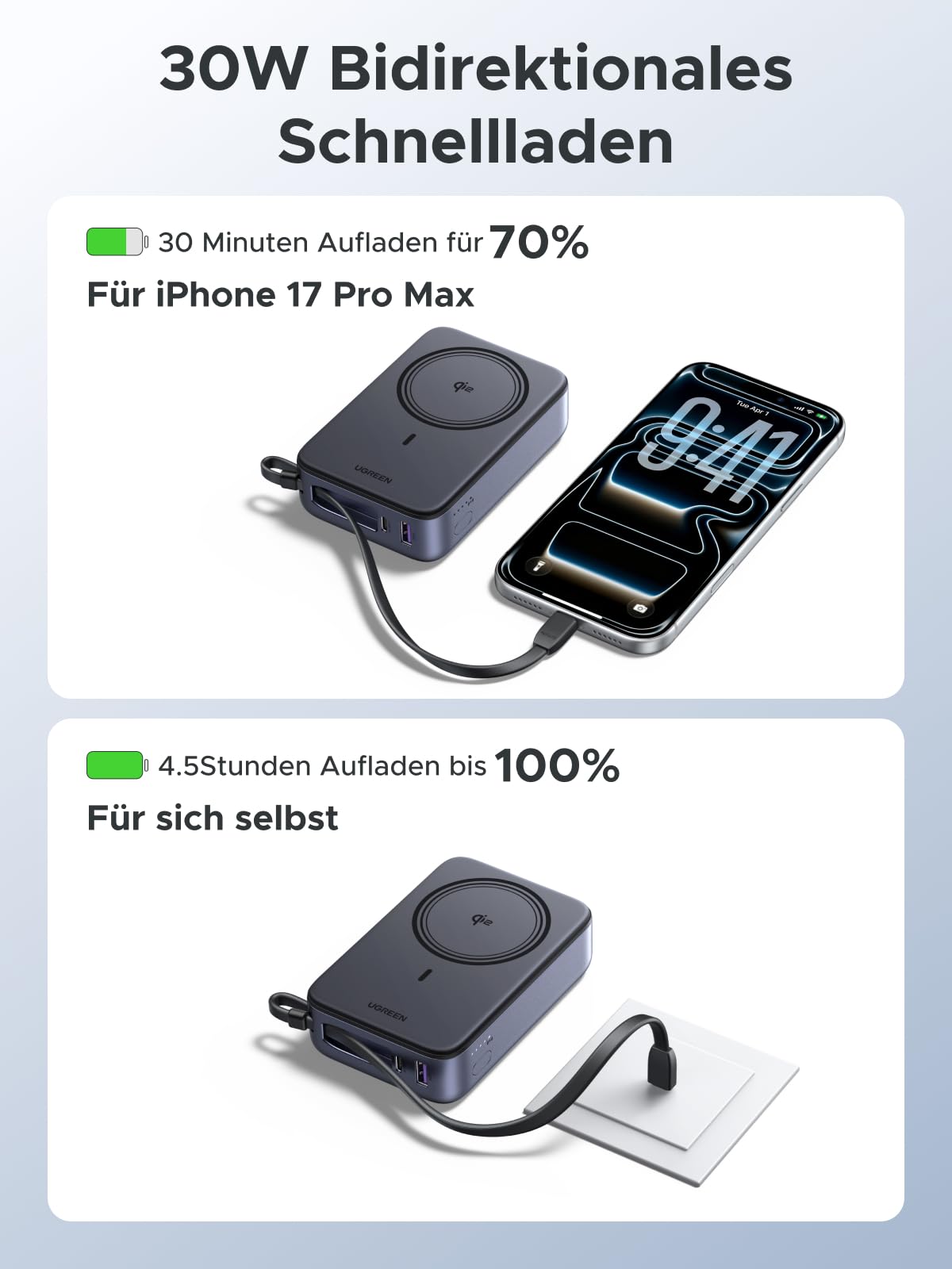 UGREEN Zapix 20000mAh Qi2 15W Powerbank Magsafe mit USB-C 30W