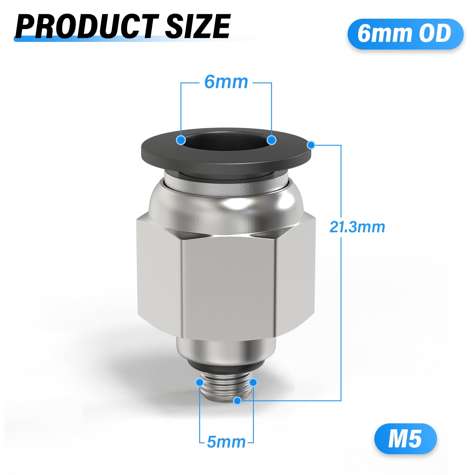 TAILONZ PNEUMATIC Male Straight 6mm Tube OD x M5 Thread Push to Connect Fittings PC6-M5(Pack of 10), Black, 6mm OD x x M5 (PC) - Image 2