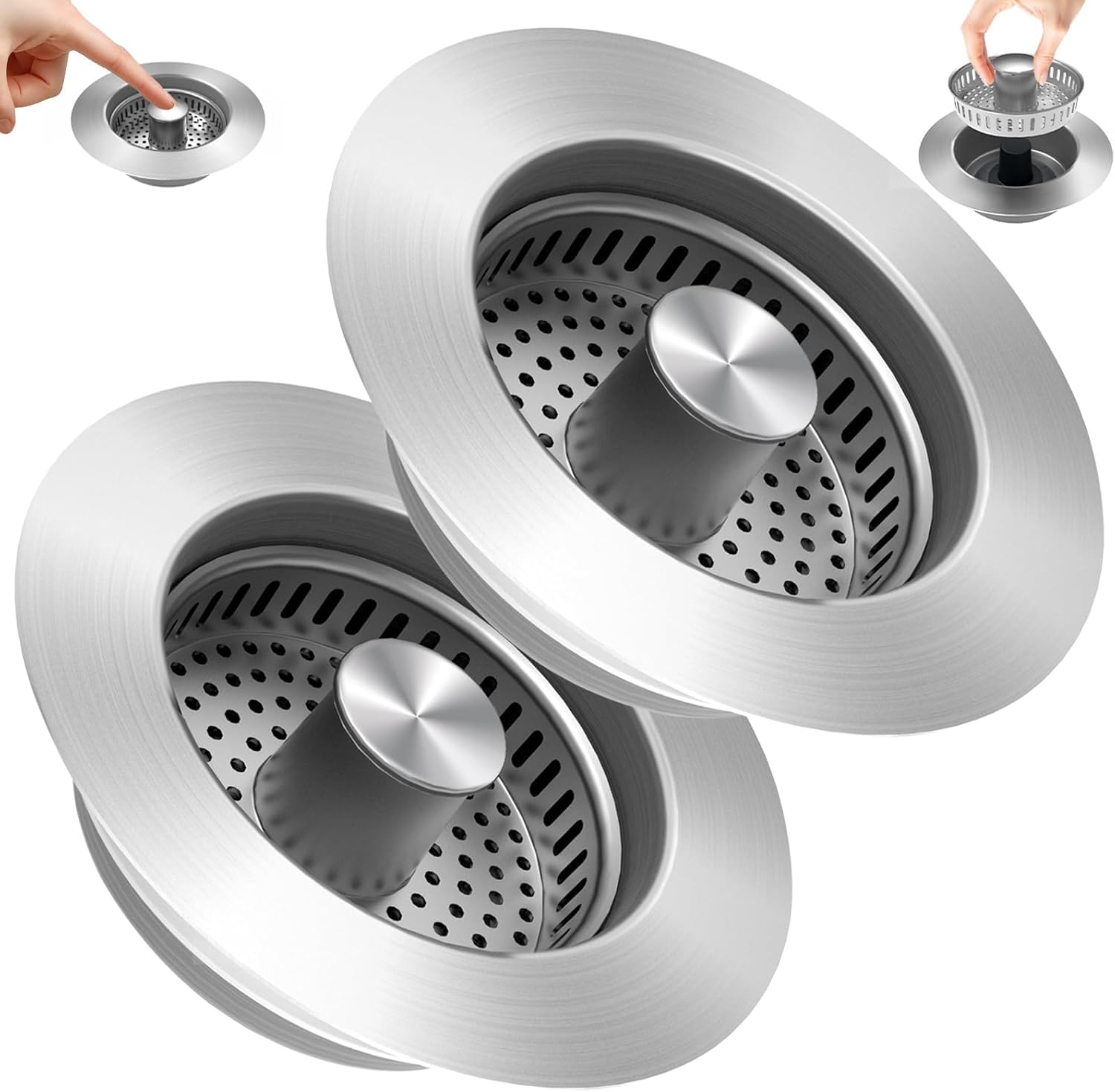 2Pack 3 In 1 Kitchen Sink Drain Strainer Sink Stopper, Stainless Steel Sink Drain Strainer With Anti-Clogging Basket, Kitchen Sink Drain Filter Plug For Us Standard 3-1/2 Inch Drain (2Pack)