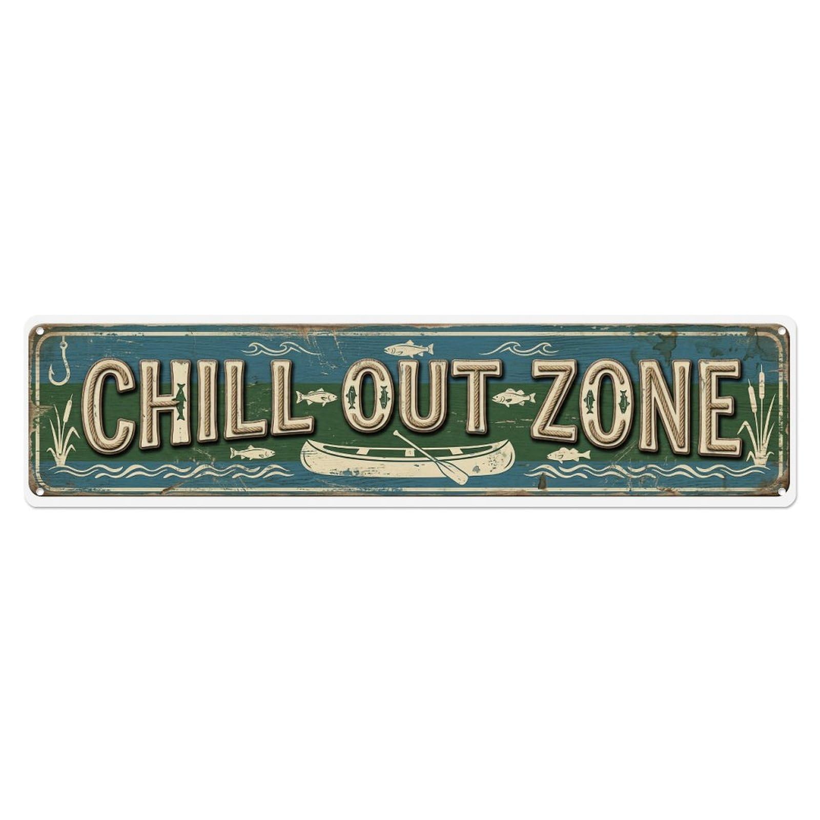 Chill Out Zone Faded Lake House 4 Metal Tin Skinny Sign Plaque Wall Decor for Cafe, Club Bar, Office, Home Garden Metal Poster 4x16Inch
