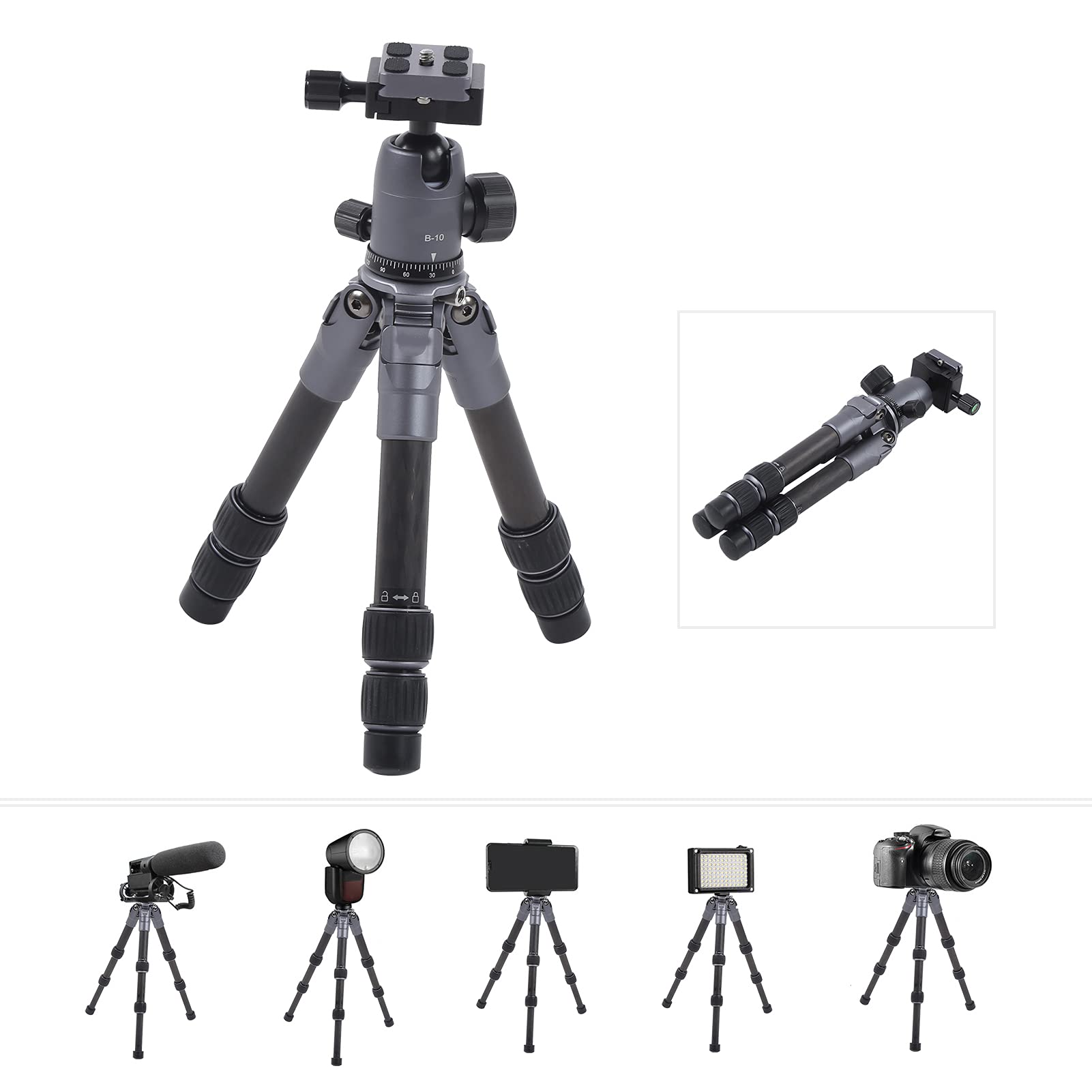 Trípode de Fibra de Carbono con Cabezal Esférico Mini Soporte Compacto para Cámaras DSLR Ideal para Fotografía de Viajes de 30 Cm a 42,5 Cm