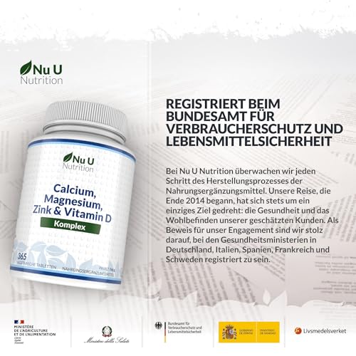 Calcium Magnesium Zink Hochdosiert - 365 Vegetarische Tabletten - 6 Monate - Kalzium Complex mit Vitamin D, Selen, Mangan, Bor & Kupfer - 800mg Calciumcarbonat pro Tagesdosis - Nu U Nutrition
